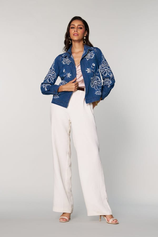 Blue Denim Jacket with White Floral Embroidery — Style Island