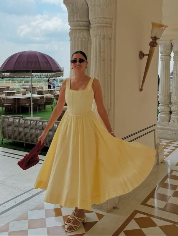 Butter Yellow Corset Bodice A-Line Midi Dress — LABEL FROW