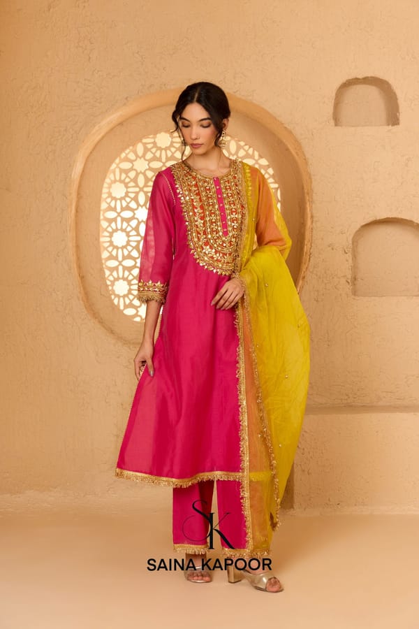 Fuchsia Cotton Chanderi Long Kurta Pant Set — SAINA KAPOOR