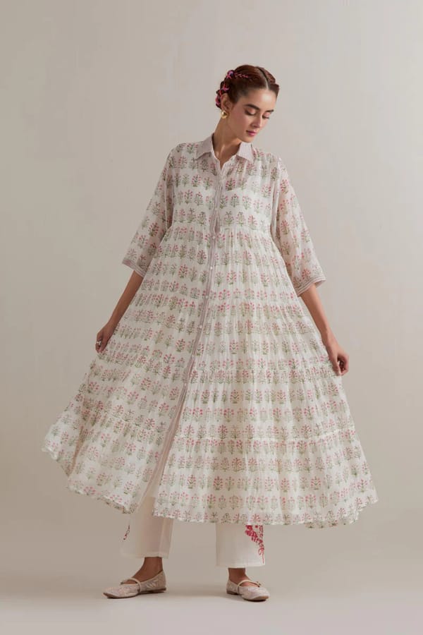Off-White Floral Printed Collared Kurta Set — Upavita