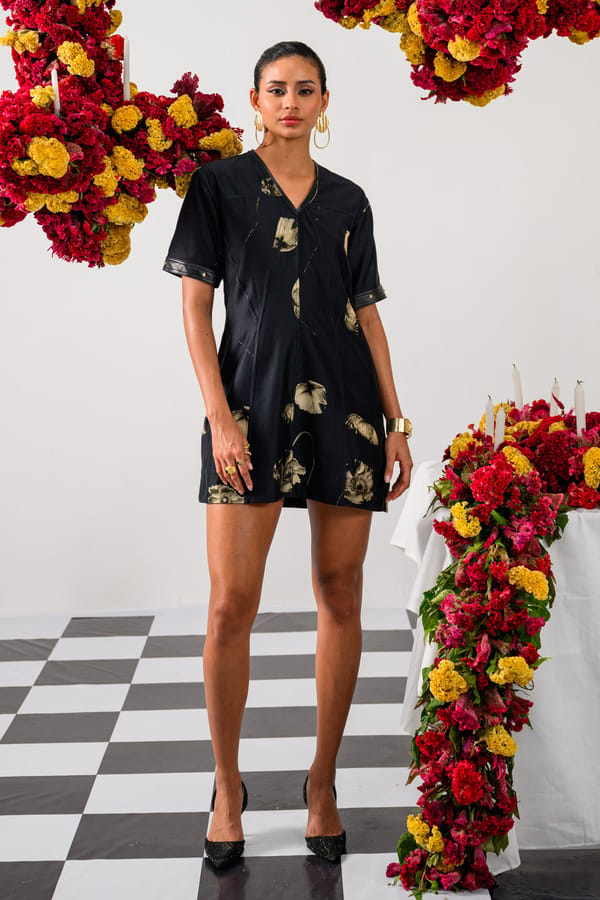 Black Floral Print Mini Shift Dress with Studded Cuffs — The Dramebaaz Company