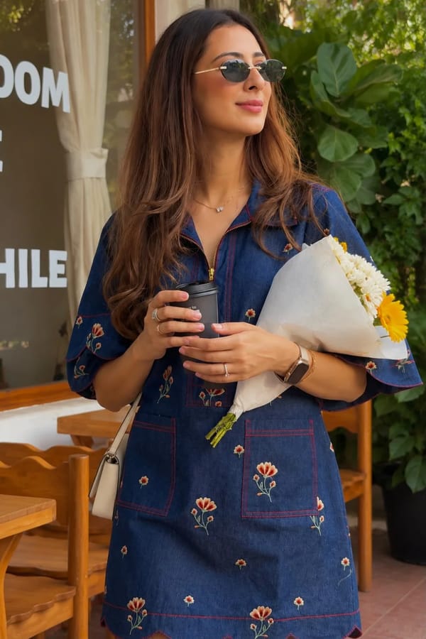 Blue Denim Embroidered Shift Mini Dress with Front Zip — Designs by Queen Bee