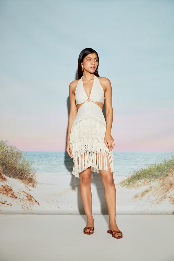Off-White Halter Cutout Mini Dress with Fringe Lace — The clothing factory