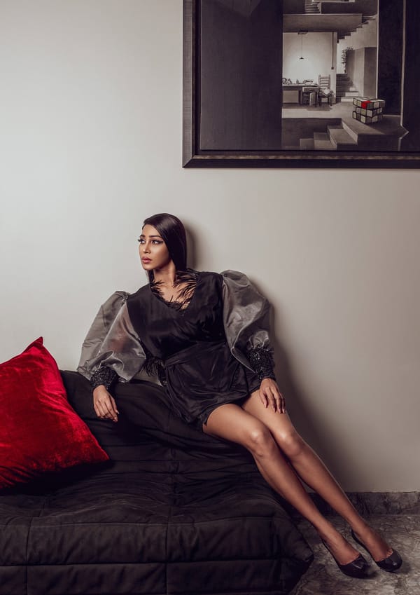 Black Crepe Overlap Top with Organza Balloon Sleeves — Richa Goenka