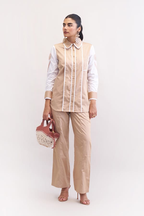 Khaki and White Colorblock Shirt and Pants Co-ord Set — Our Love