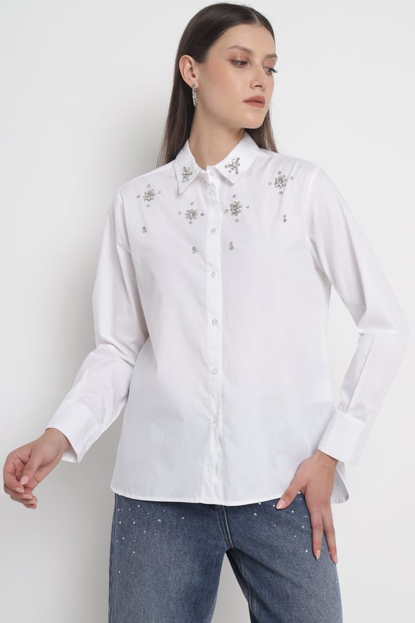 White Embellished Button-Down Cotton Shirt — Diana Gallesi