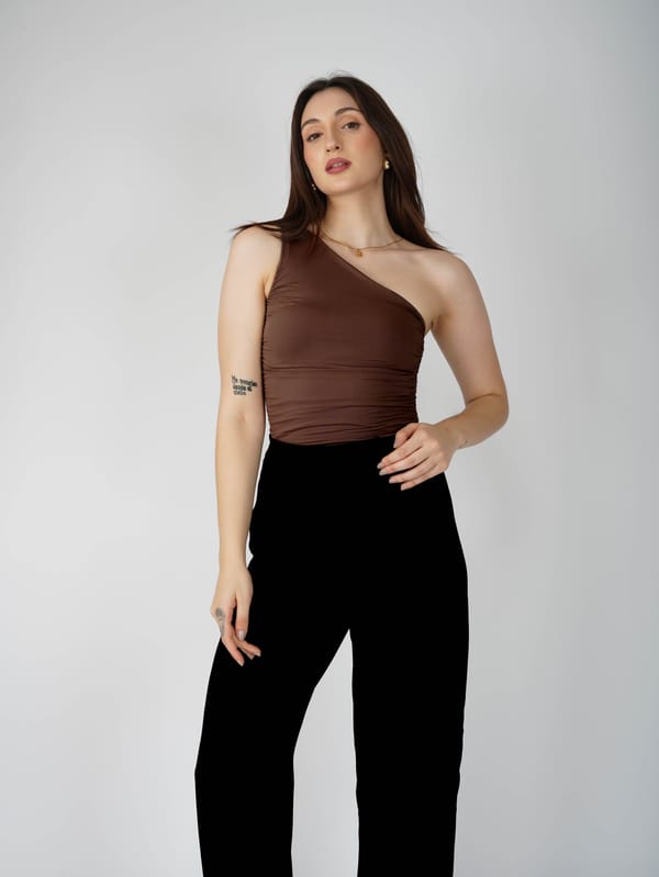 Brown One Shoulder Bodysuit-Halo Bodysuit (Coco) — Select Staples