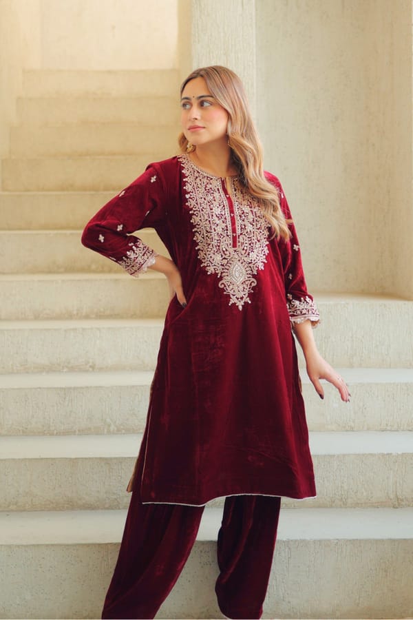 Maroon Silk Velvet Embroidered Short Kurta Set — Sheetal Batra