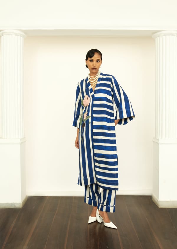 Blue and White Striped Twill Linen Anti-Fit Kurta — Ofrida
