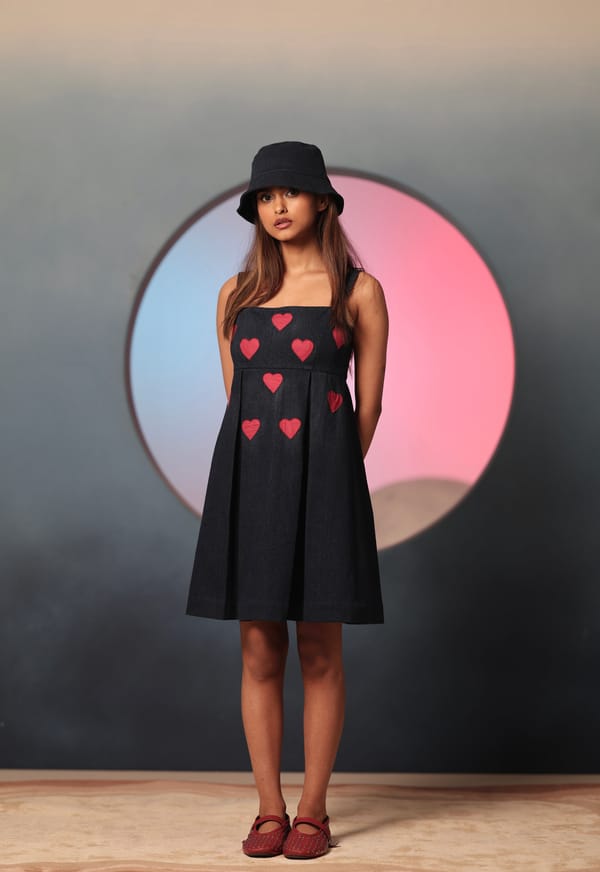 Blue Denim Square Neck Mini Dress with Heart Motif — MANVI DAGA STUDIO