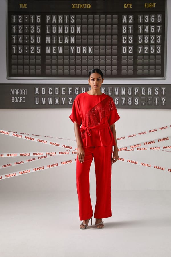 Red Twill Sequin Panel Top and Wide-Leg Pants Co-ord Set — Shivya K