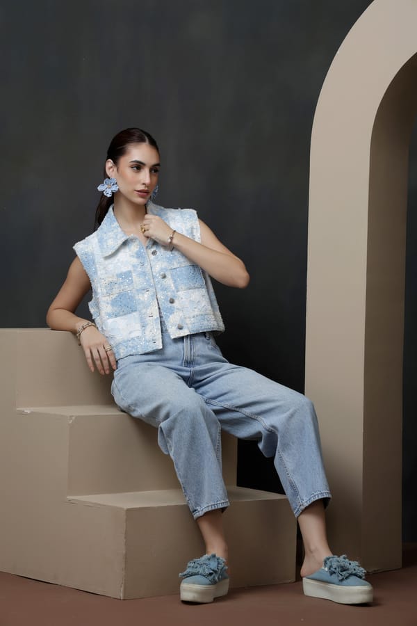 Light Blue Lace Sequin Denim Cropped Gilet — Rhe-Ana