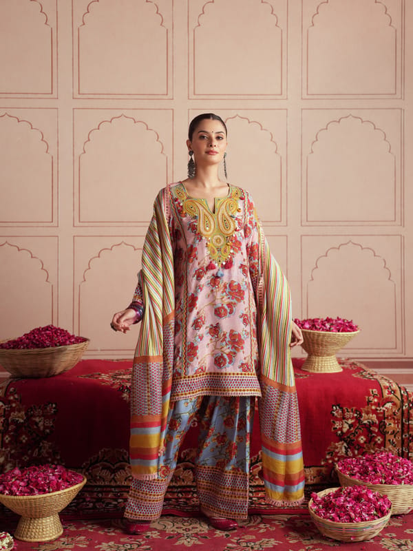 ROHA SHORT KURTA WITH FARSHI SALWAR AND DUPATTA — TASHA INDIA