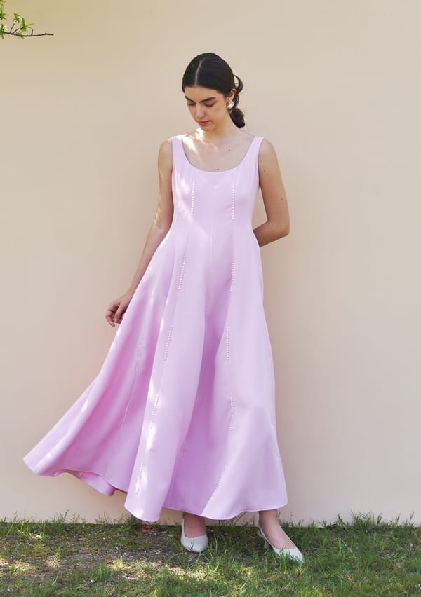 Baby Pink Fit and Flare Pearl Embellished Midi Dress — AMOSHI