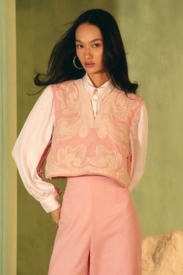 Pink Cutwork Embroidered Waistcoat Co-ord Set (3-Piece) — BOHO-CHIC