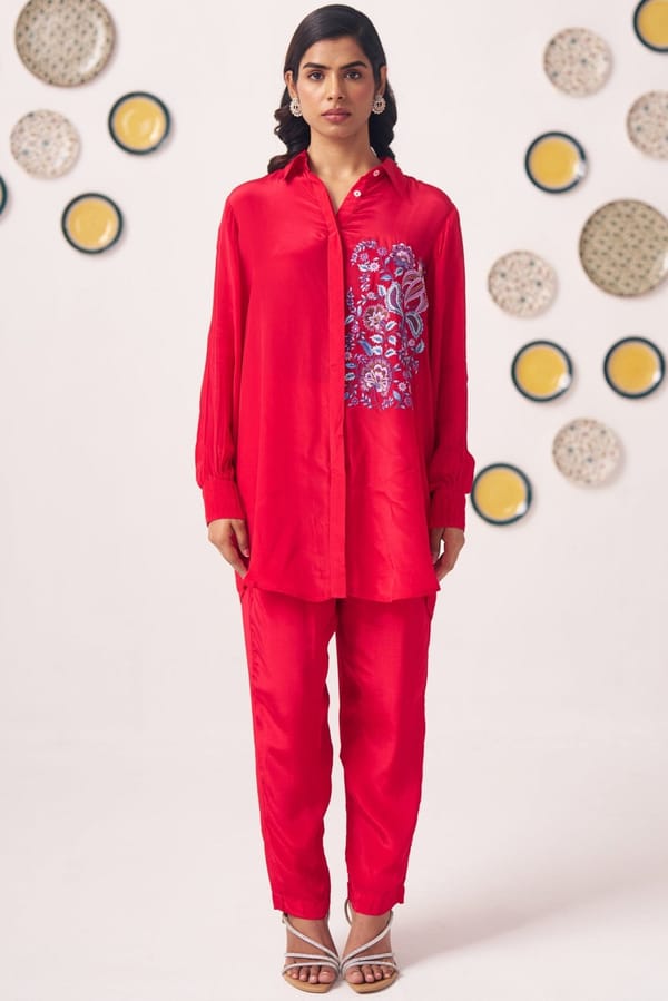 Chintz Embroidered Red Set with Pleated Sleeves — Western Era