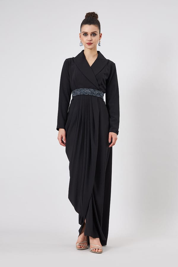 Black Wrap Drape Maxi Dress with Crystal-Embellished Belt — Aakaar