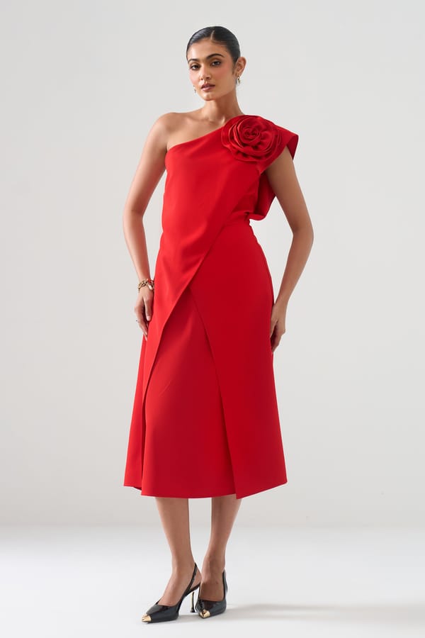 Red One-Shoulder Midi Dress with Rosette Detail — STITCH STORIES