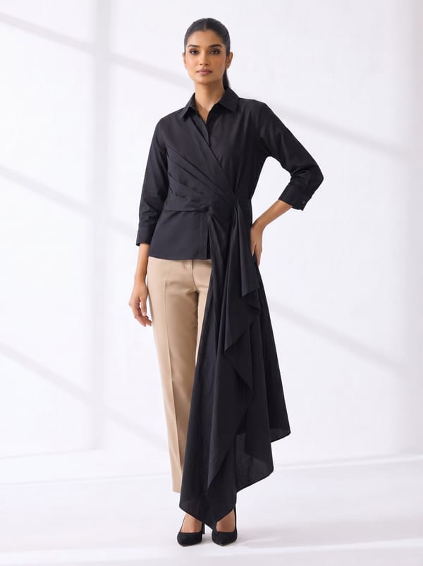 Black Cotton Poplin Drape-Panel Shirt — NOTEBOOK