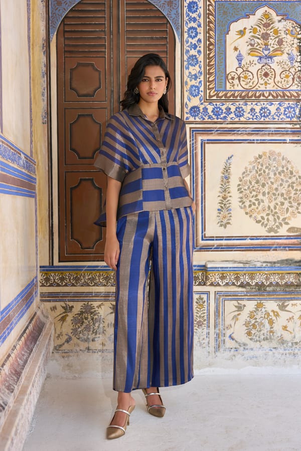 Benares Tissue Striped Peplum Shirt & Pant Set — Dash and Dot