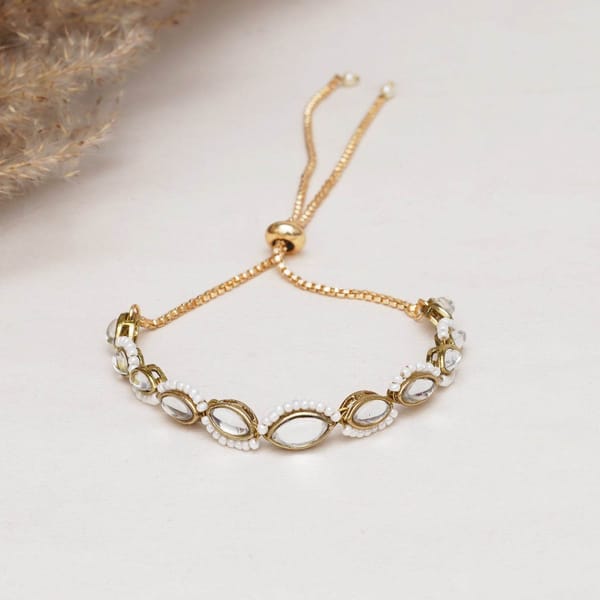 Golden Oval Shape Kundan & White Pearl Adjustable Bracelet — BeAbhika