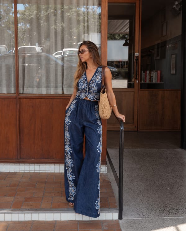 Blue Wide-Leg Embroidered Denim Trousers — Style Island