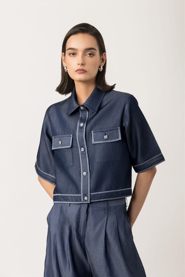Denim Blue Cropped Short Sleeve Button-Front Jacket — Studio MuGu