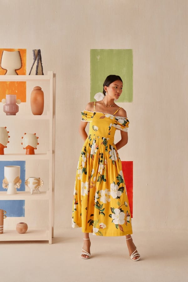 Yellow Off-Shoulder Floral Cotton Midi Dress — Sage by Mala