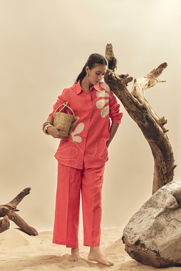 Coral Linen Contrast Applique Relaxed Fit Shirt — Linen Bloom