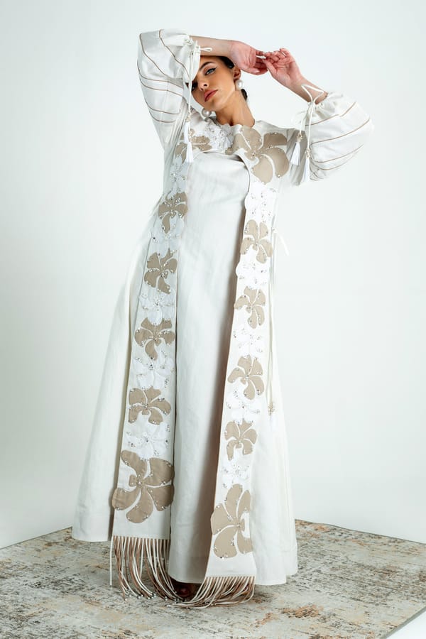 White and Beige Linen Maxi Dress with Applique Overlay — Our Love