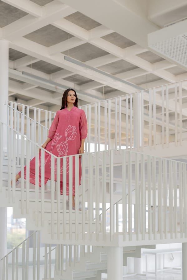 Pink Chanderi Bandhani A-Line Kurta Set with Palazzo — Silai studio