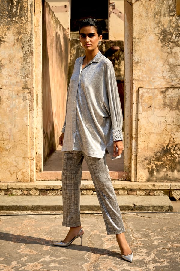 Silver Metallic Straight-Leg Knit Trousers — Dash and Dot