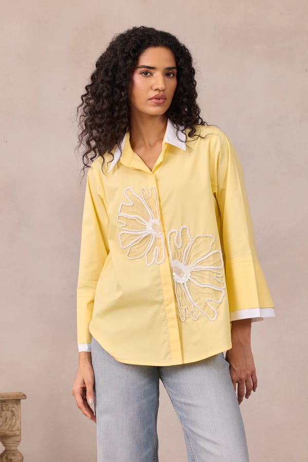 Lemon Sorbet Cotton Poplin Applique Button-Down Shirt — 63East