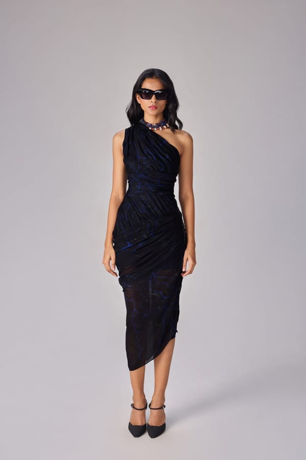 Black One-Shoulder Printed Chiffon Midi Dress — Saaksha and Kinni