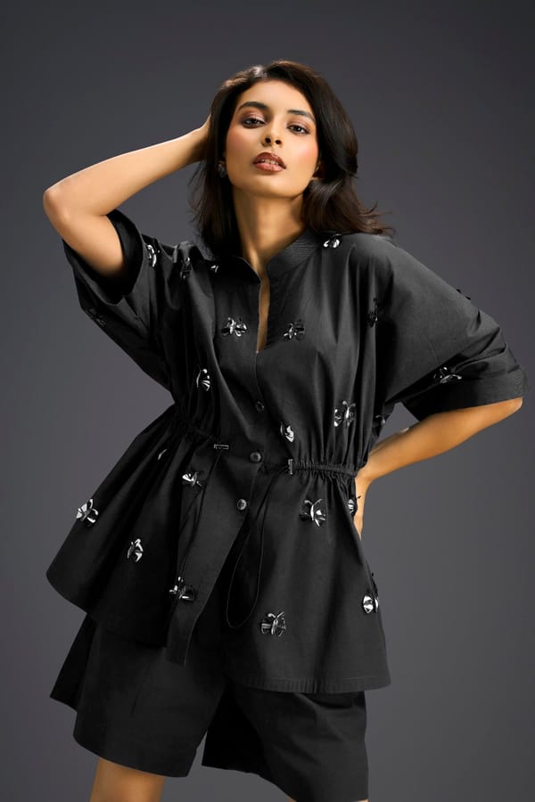 Black Butterfly Embellished Drawstring Shirt & Shorts Set — Deepika Arora