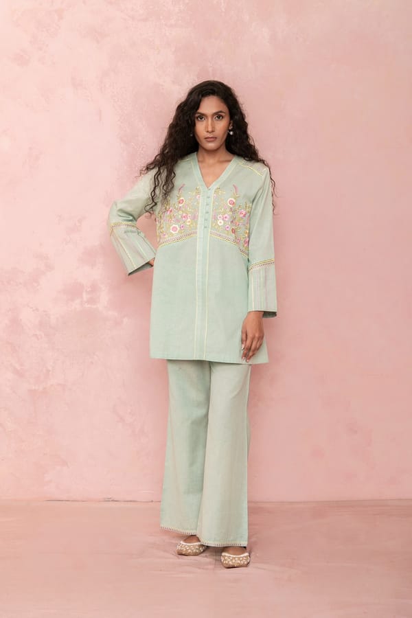 Green Embroidered Tunic and Pants Co-ord Set — LABEL NAARITI