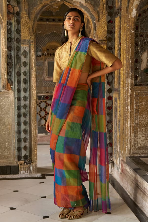 Multicolour Check Sari Drape Maxi Skirt Co-ord Set — Dash and Dot