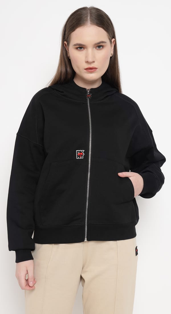 Black Zip-Up Cotton Terry Hoodie — DKNY