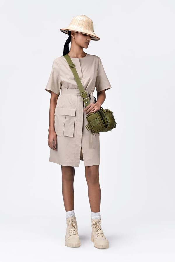 Sand Cotton Poplin Knee-Length Utility Dress with Tie Waist — Genes Lecoanet Hemant