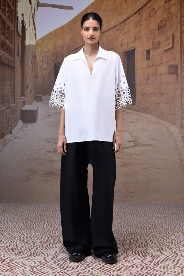 White Poplin Shirt with Geometric Cutwork 3/4 Sleeves — Genes Lecoanet Hemant