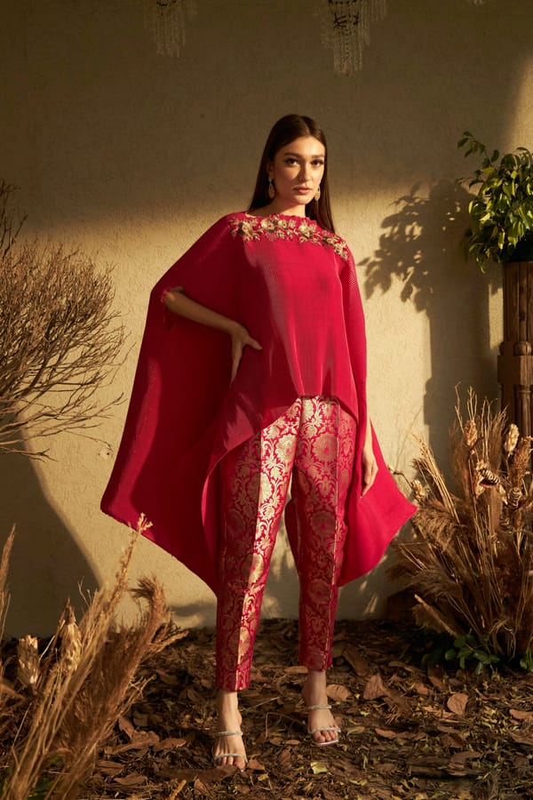 Magenta Pleated Cape and Brocade Pants Co-ord Set — TASUVURE