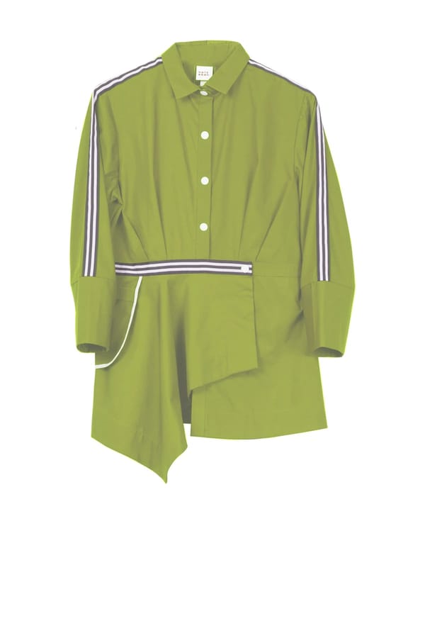 Green Asymmetrical Hem Button-Down Shirt with Stripe Tape — NOTEBOOK