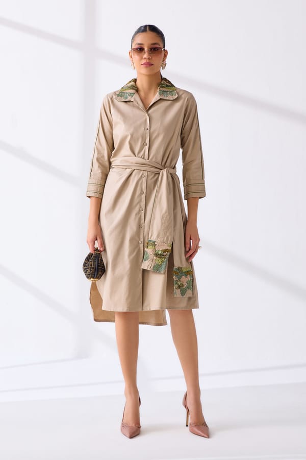 Ecru Cotton Poplin Shirt Dress with 3D Embroidery — Our Love