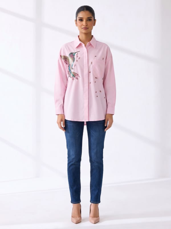 Pink Cotton Embroidered Button-Down Shirt — THE LUXURY DRESSING