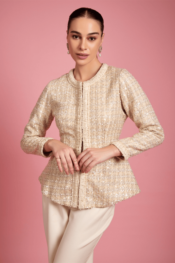 Light Beige Tweed Sequin Peplum Top — AVERIE