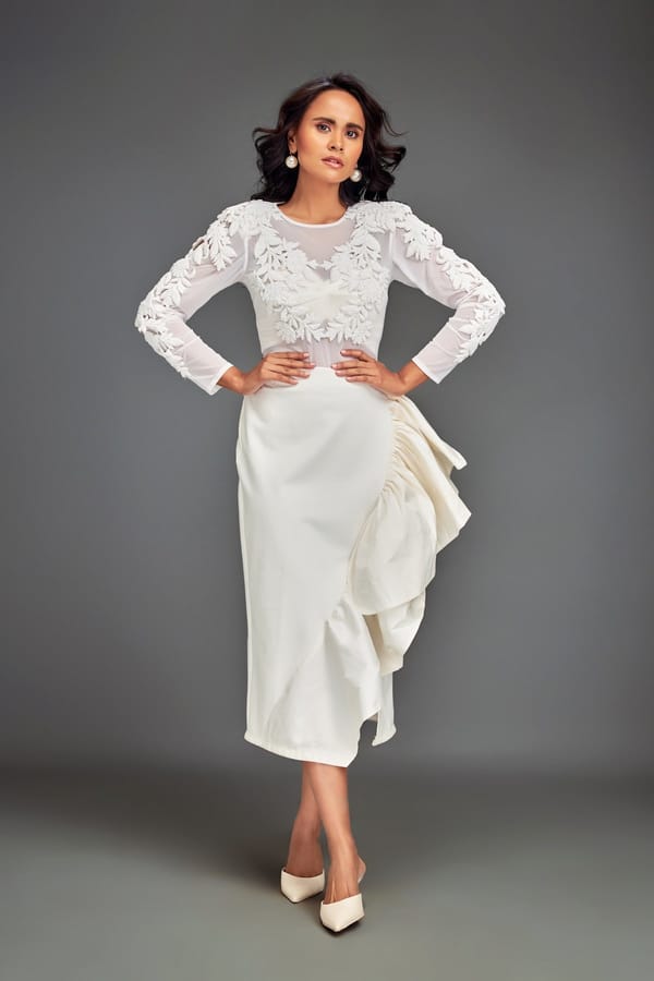 Full-Sleeve Embellished Mesh Bodice Top & Asymmetric Skirt — Deepika Arora