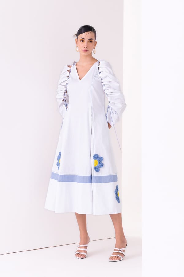 White and Blue Cotton Satin Midi Dress with 3D Florals — Our Love