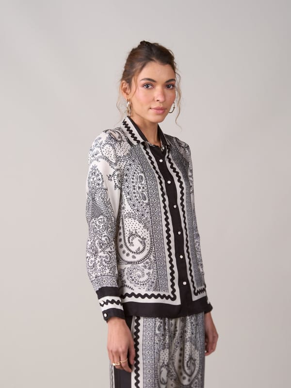 White and Black Paisley Print Button-Down Shirt — Style Island