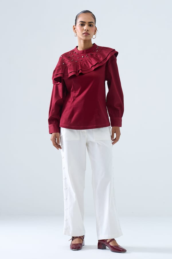 Maroon Ruffle Yoke Sequin Detail Full Sleeve Top — STITCH STORIES