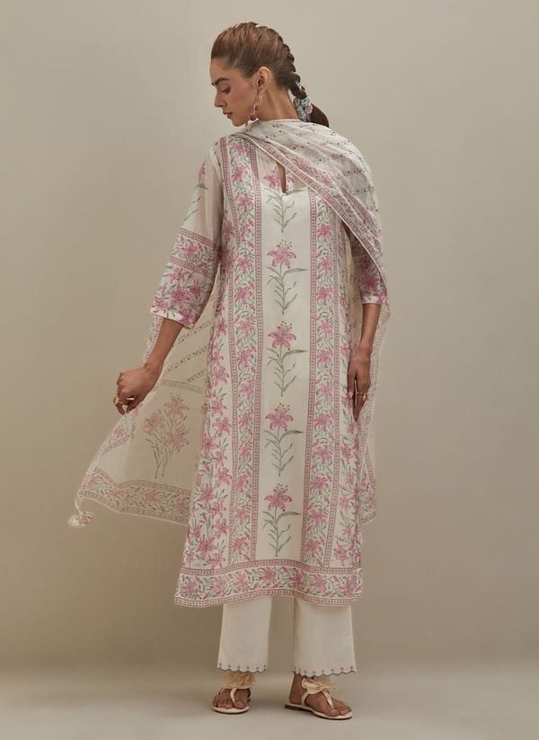 Off White Chanderi Straight Kurta Sets Block Print — Upavita
